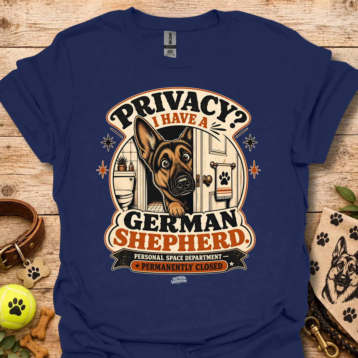 Navy graphic T-shirt with German Shepherd and privacy-themed badge logo