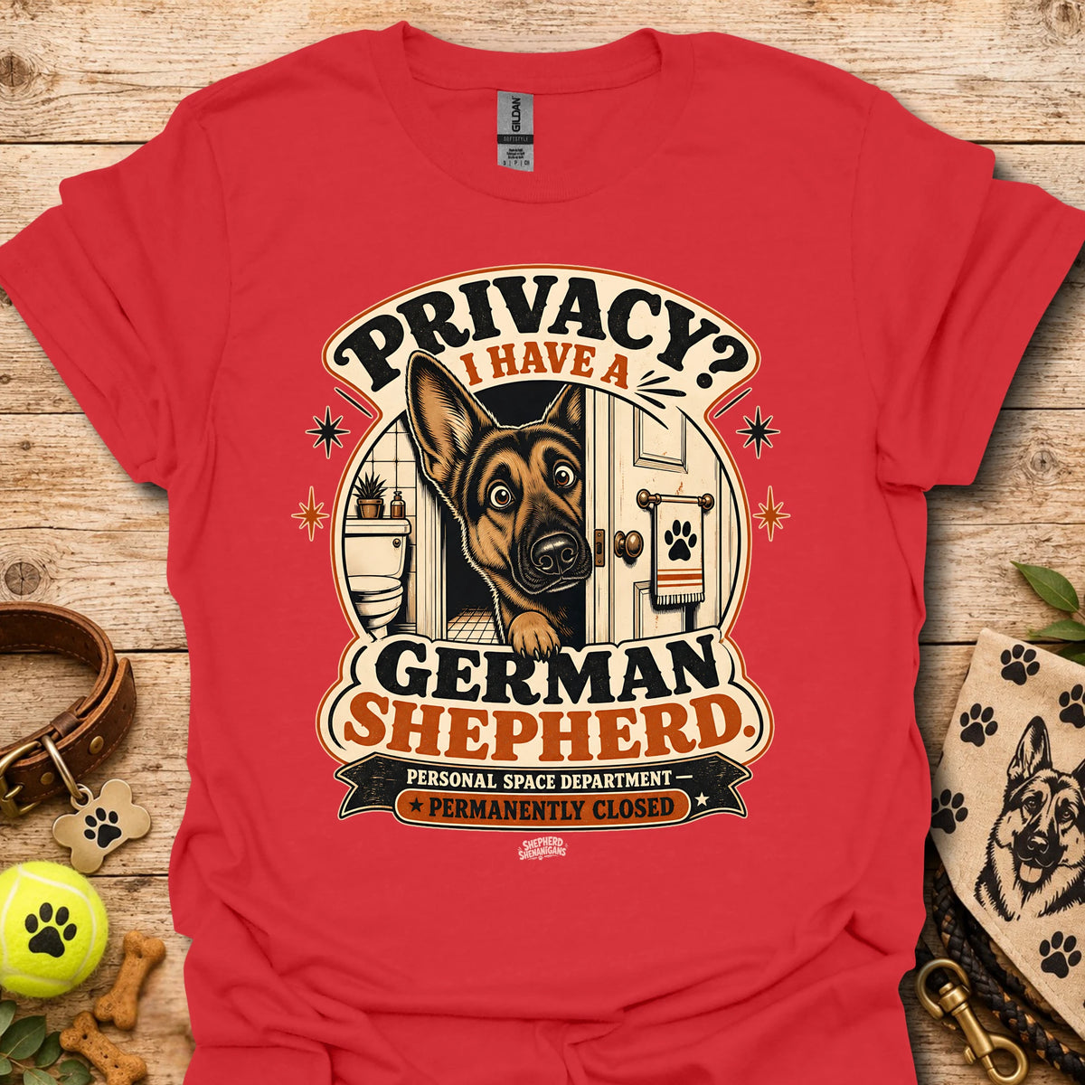 Red graphic T-shirt with German Shepherd and privacy-themed badge logo