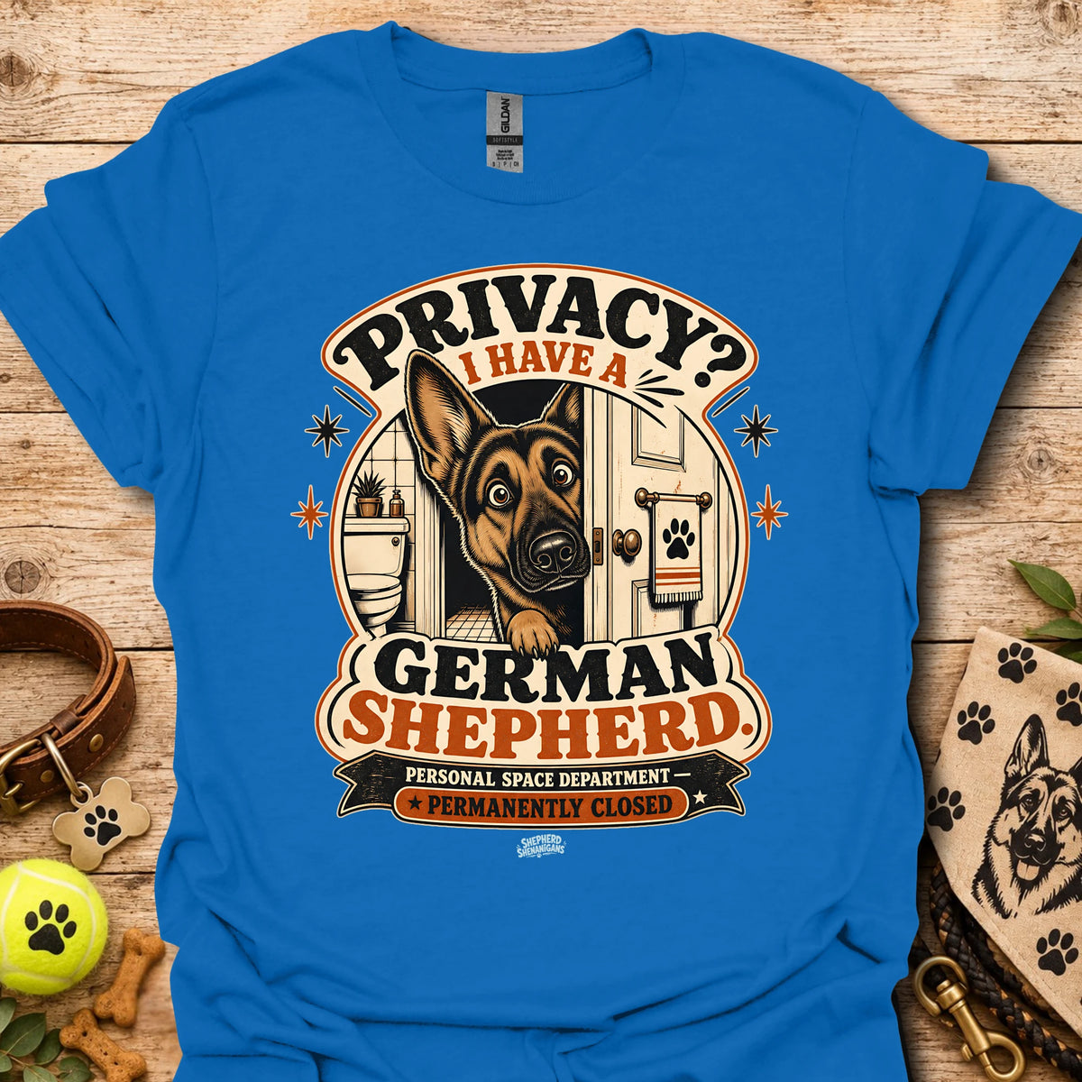 Royal blue graphic T-shirt with German Shepherd and privacy-themed badge logo