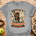 Heather grey graphic T-shirt with German Shepherd and privacy-themed badge logo