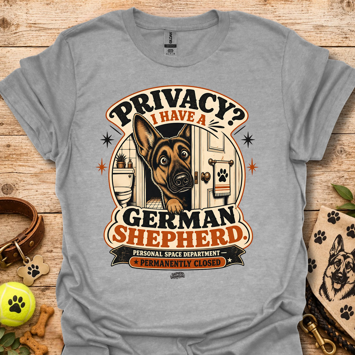 Heather grey graphic T-shirt with German Shepherd and privacy-themed badge logo