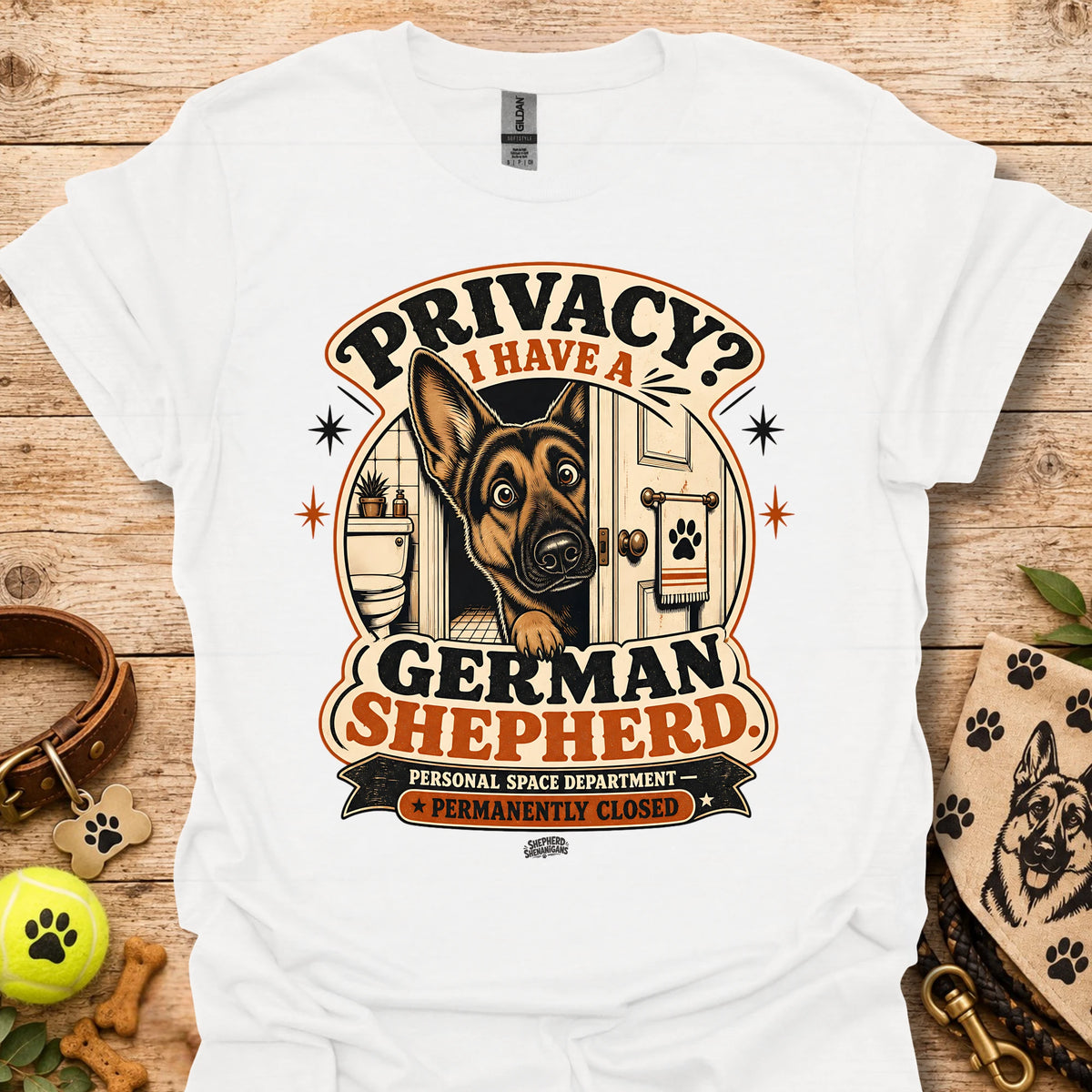 White graphic T-shirt with German Shepherd and privacy-themed badge logo
