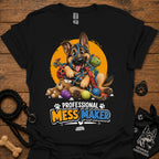 Black T-shirt with cartoon German shepherd and colorful mess-maker graphic