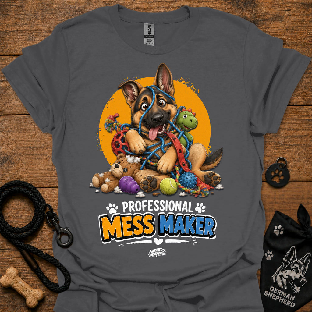 Charcoal T-shirt with cartoon German shepherd and colorful mess-maker graphic