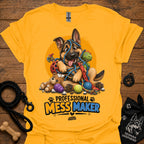 Gold T-shirt with cartoon German shepherd and colorful mess-maker graphic