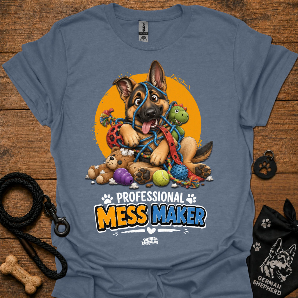 Steel blue T-shirt with cartoon German shepherd and colorful mess-maker graphic