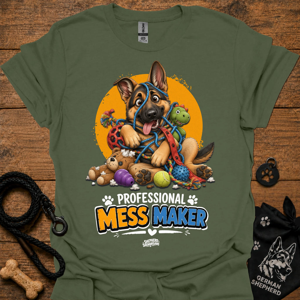 Military green T-shirt with cartoon German shepherd and colorful mess-maker graphic