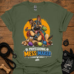 Military green T-shirt with cartoon German shepherd and colorful mess-maker graphic