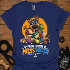 Navy T-shirt with cartoon German shepherd and colorful mess-maker graphic
