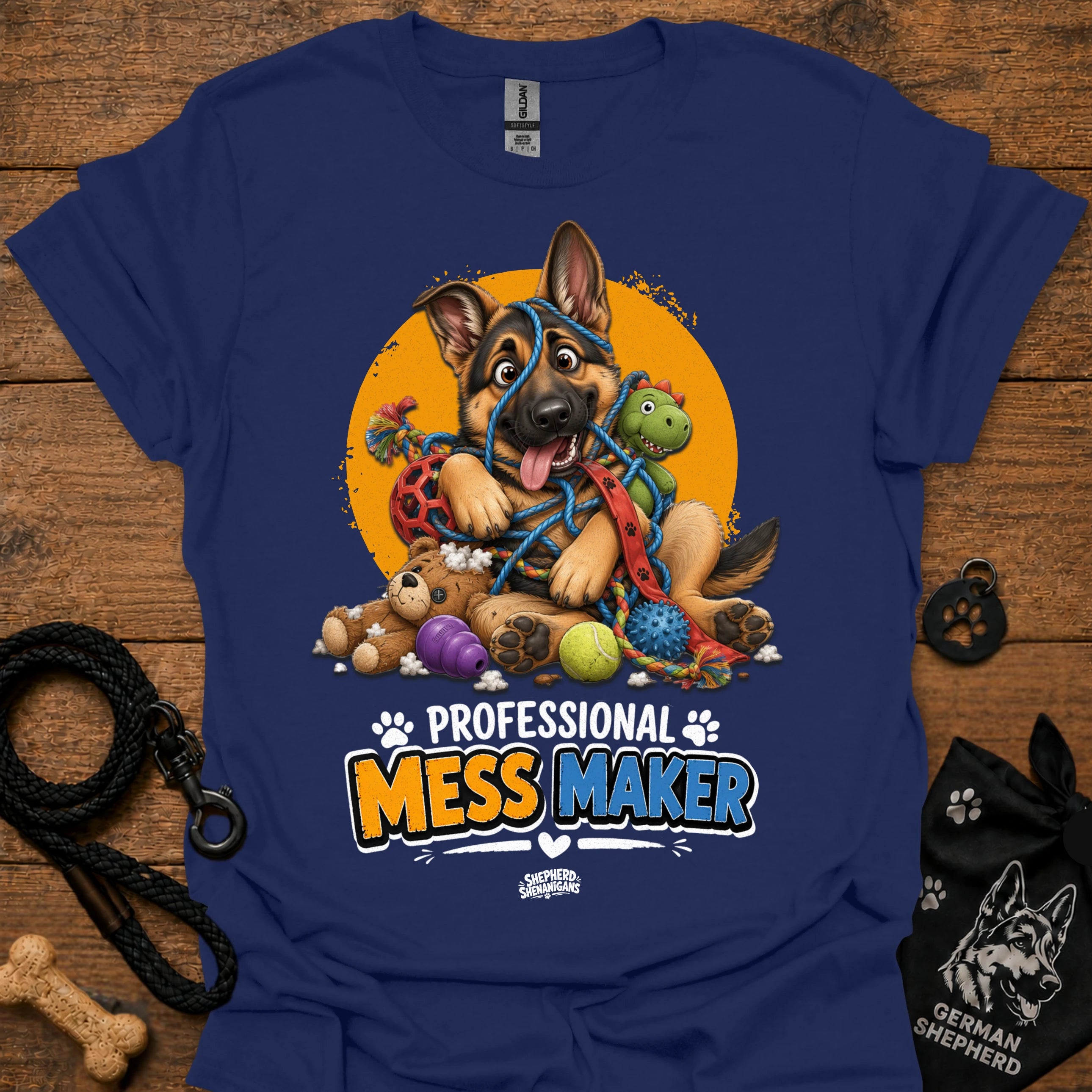 Navy T-shirt with cartoon German shepherd and colorful mess-maker graphic