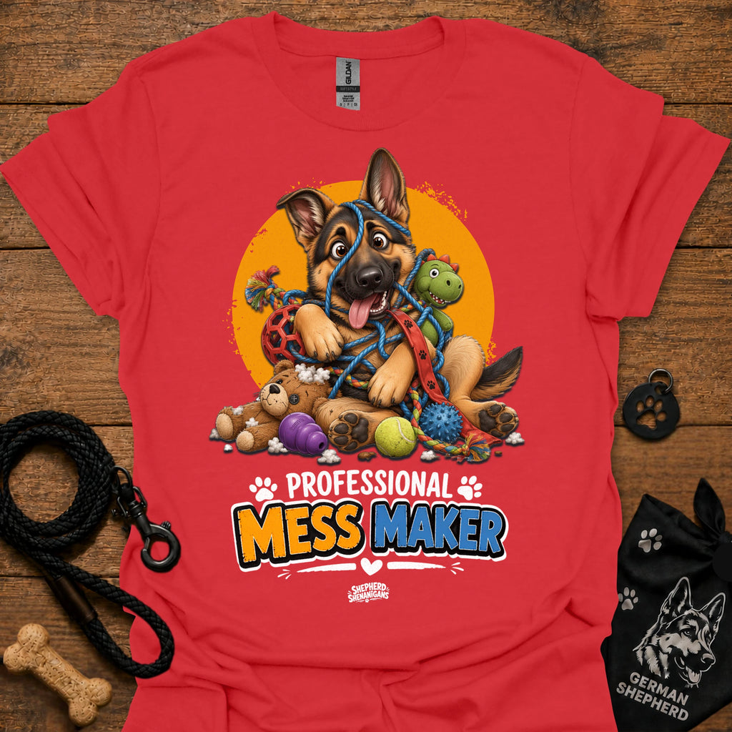 Red T-shirt with cartoon German shepherd and colorful mess-maker graphic
