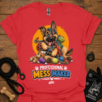 Red T-shirt with cartoon German shepherd and colorful mess-maker graphic