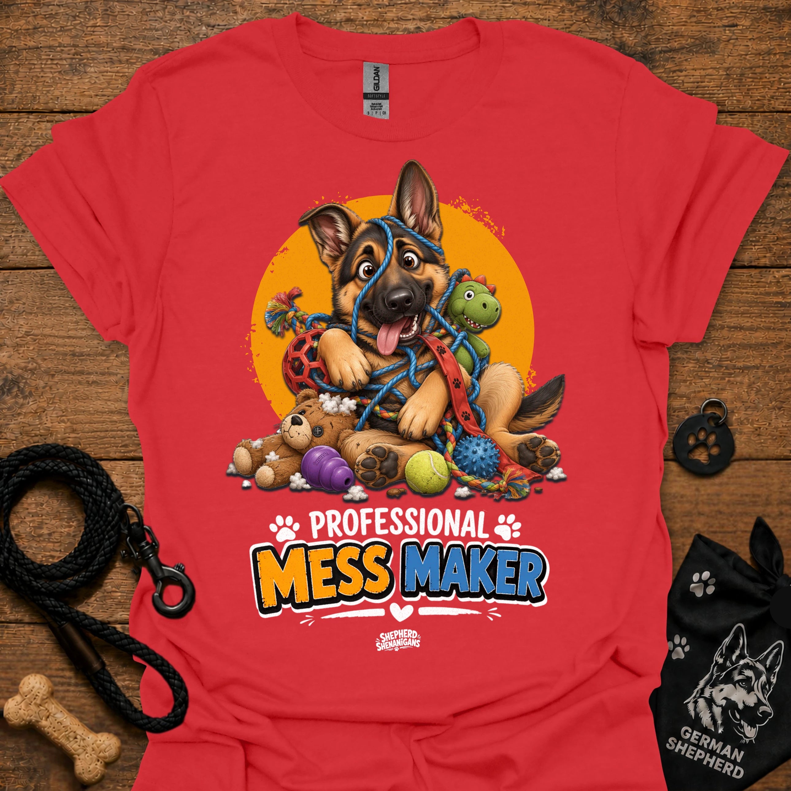 Red T-shirt with cartoon German shepherd and colorful mess-maker graphic
