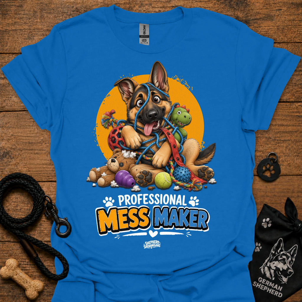 Royal blue T-shirt with cartoon German shepherd and colorful mess-maker graphic