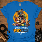 Royal blue T-shirt with cartoon German shepherd and colorful mess-maker graphic