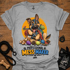 Light gray T-shirt with cartoon German shepherd and colorful mess-maker graphic