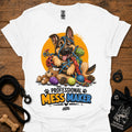 White T-shirt with cartoon German shepherd and colorful mess-maker graphic