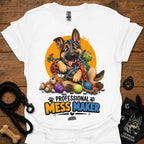 White T-shirt with cartoon German shepherd and colorful mess-maker graphic