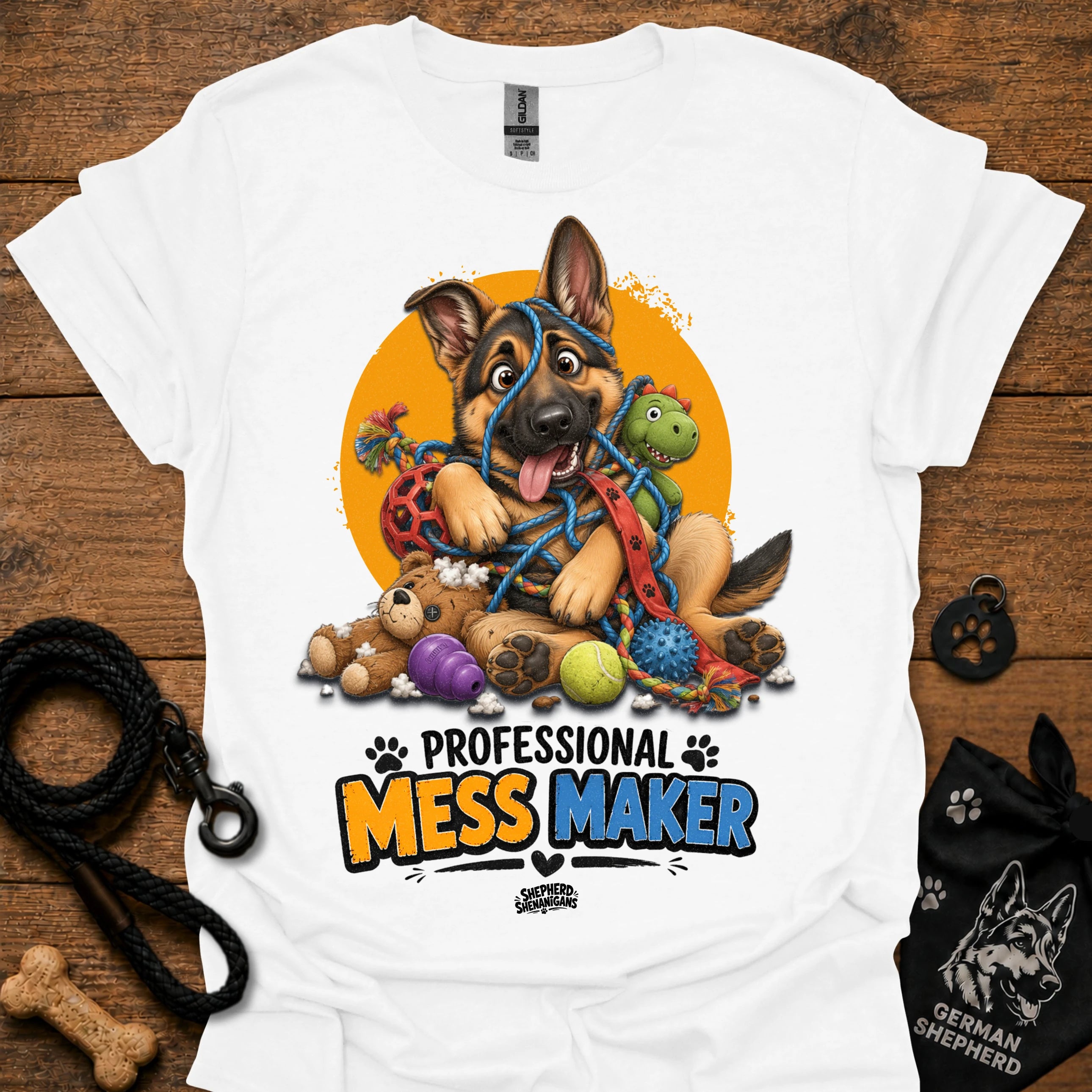 White T-shirt with cartoon German shepherd and colorful mess-maker graphic