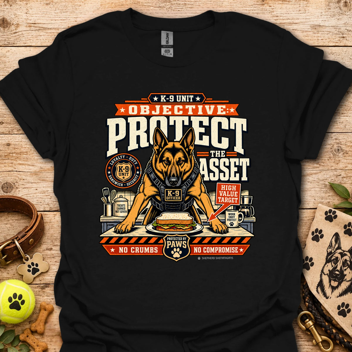 Black crewneck T-shirt with large dog graphic front print