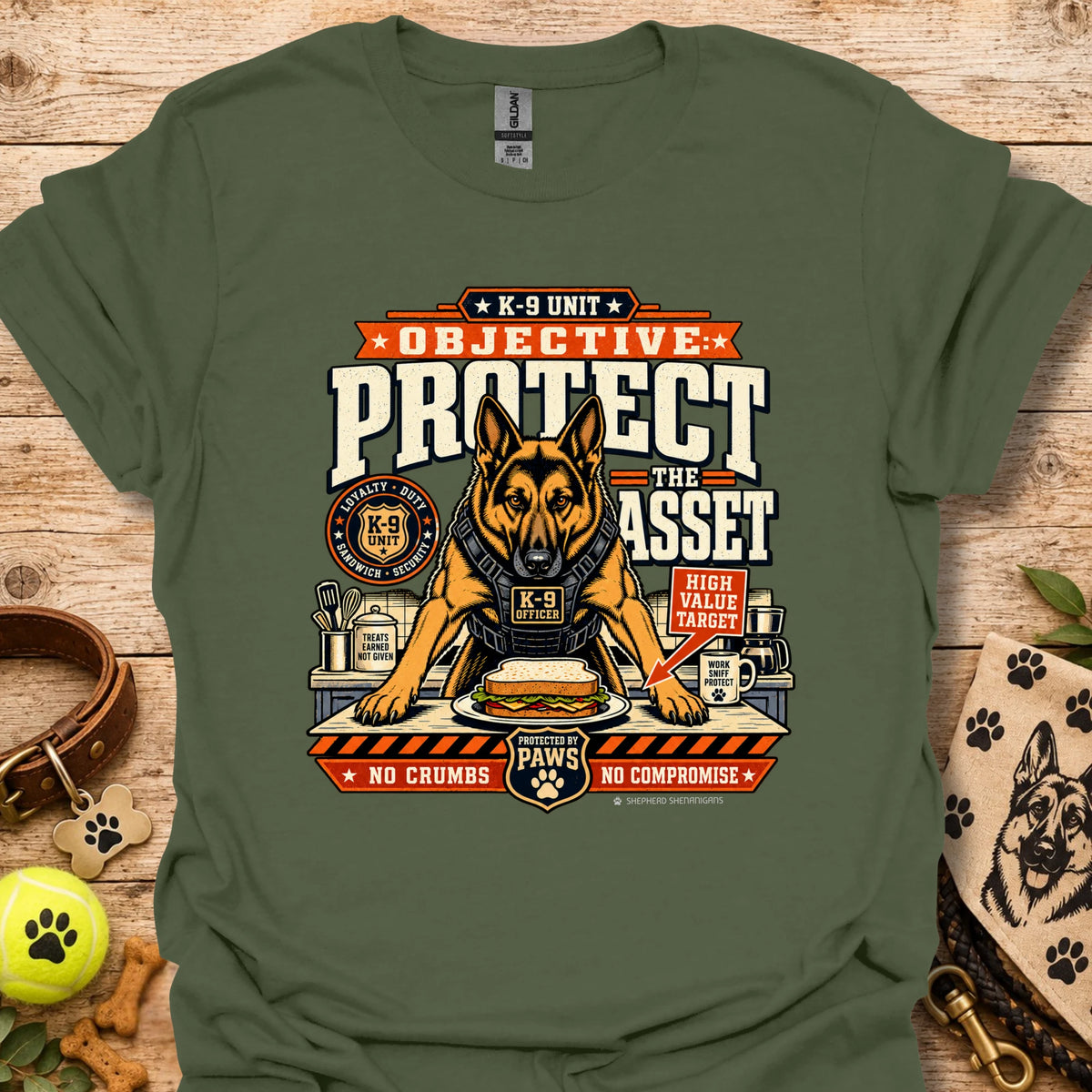 Military green crewneck T-shirt with large dog graphic front print