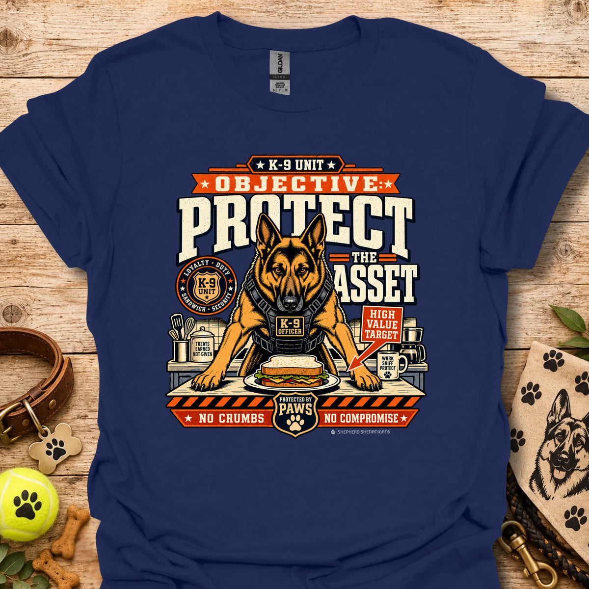 Navy crewneck T-shirt with large dog graphic front print