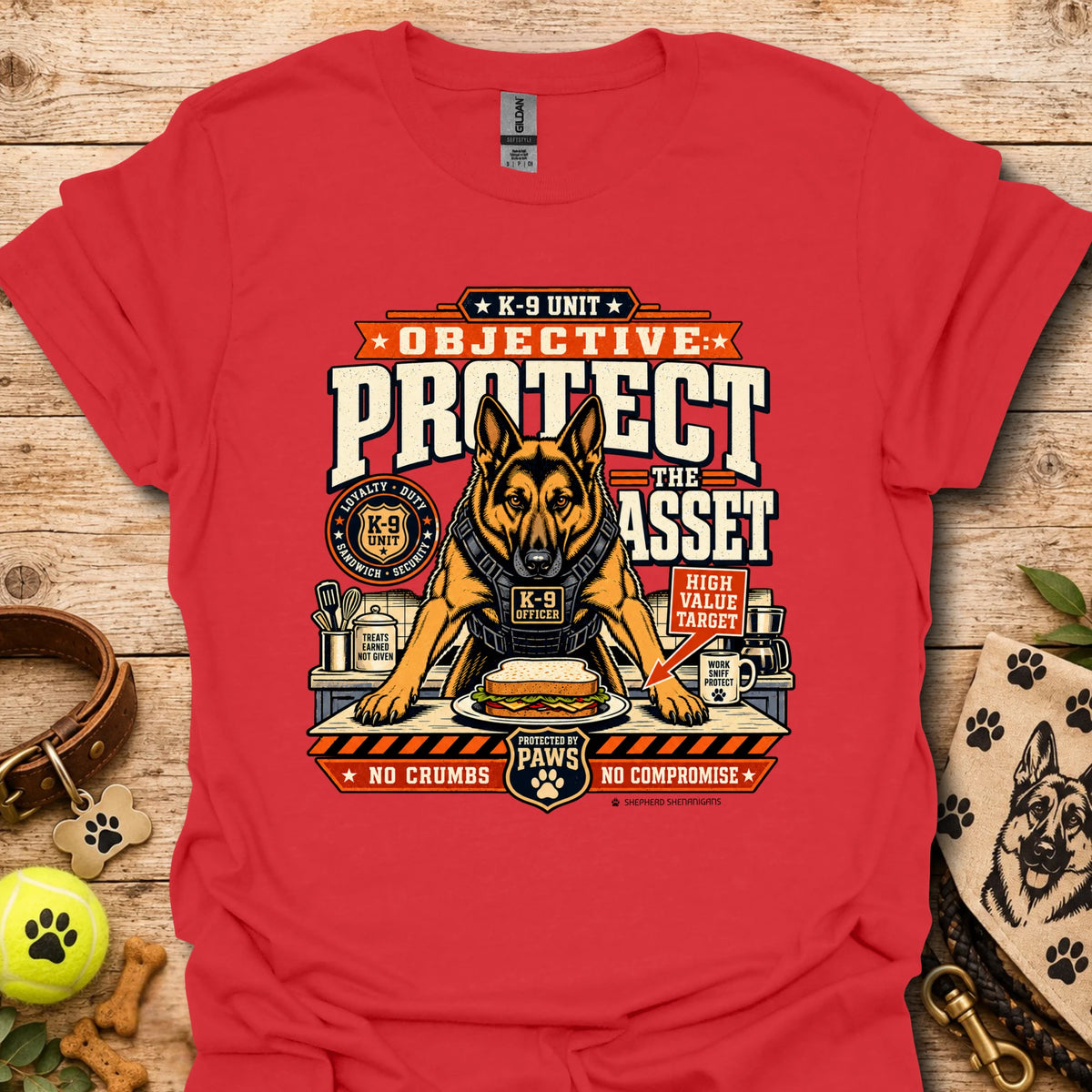 Red crewneck T-shirt with large dog graphic front print