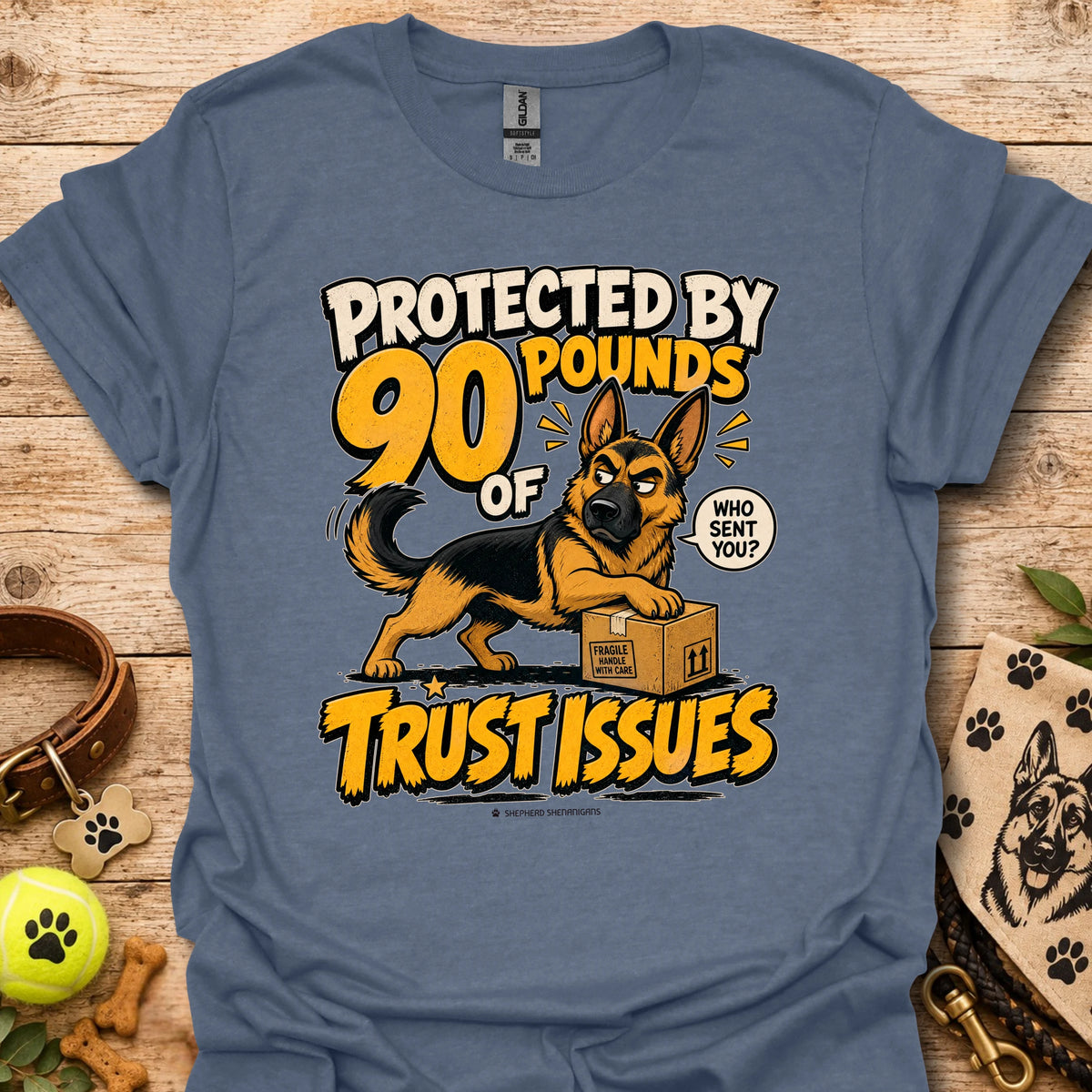 Heather indigo T-shirt with a German shepherd graphic and “Protected by 90 Pounds of Trust Issues” text
