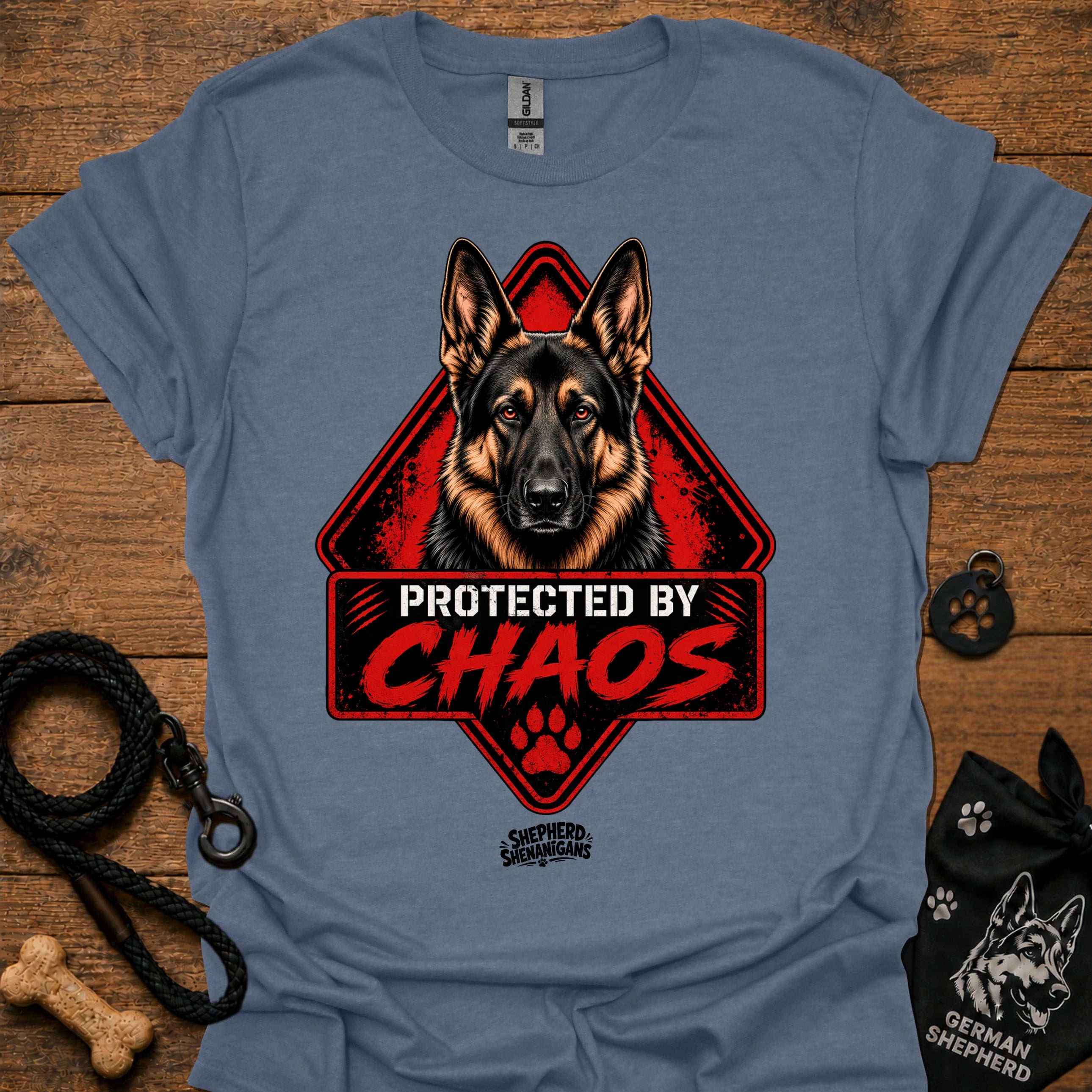 Blue graphic crewneck T-shirt with German shepherd badge and "PROTECTED BY CHAOS" text