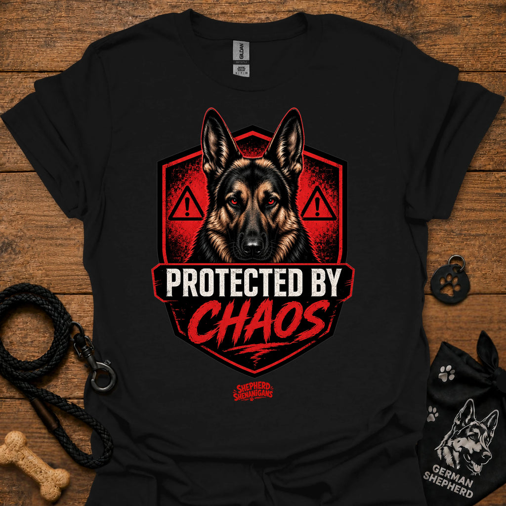 Black graphic crewneck T-shirt with German shepherd shield and red warning icons