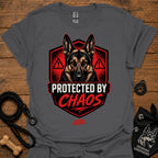 Charcoal graphic crewneck T-shirt with German shepherd shield and red warning icons