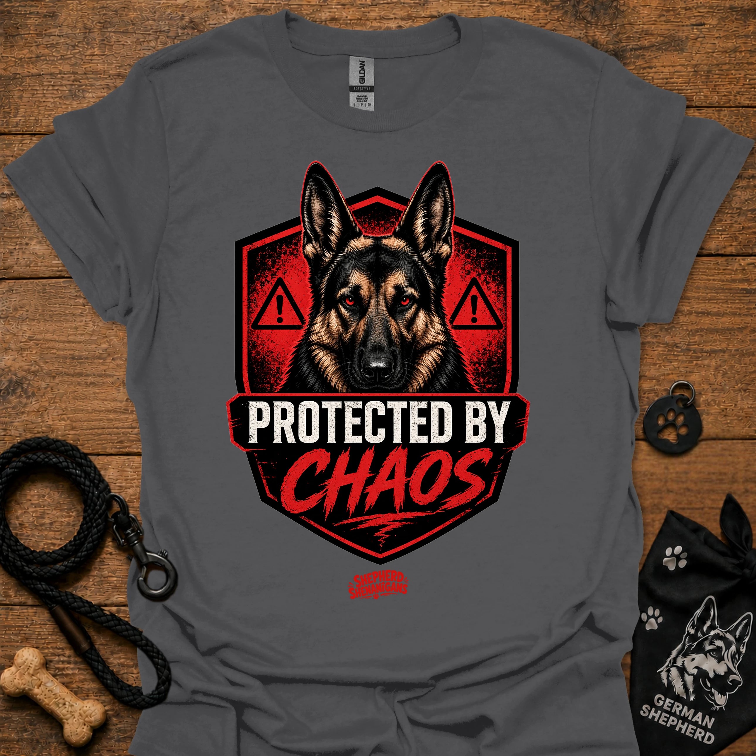 Charcoal graphic crewneck T-shirt with German shepherd shield and red warning icons