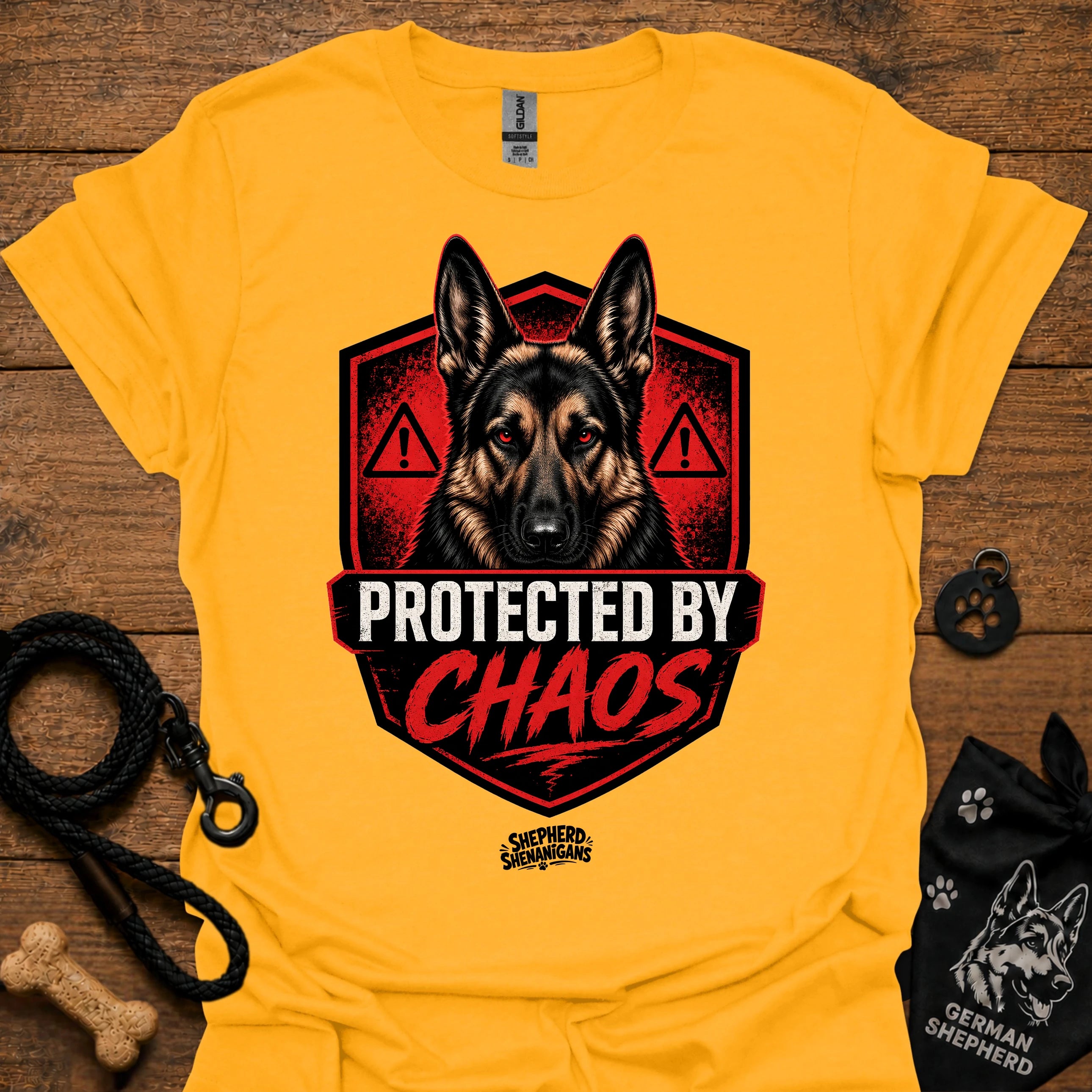 Gold graphic crewneck T-shirt with German shepherd shield and red warning icons
