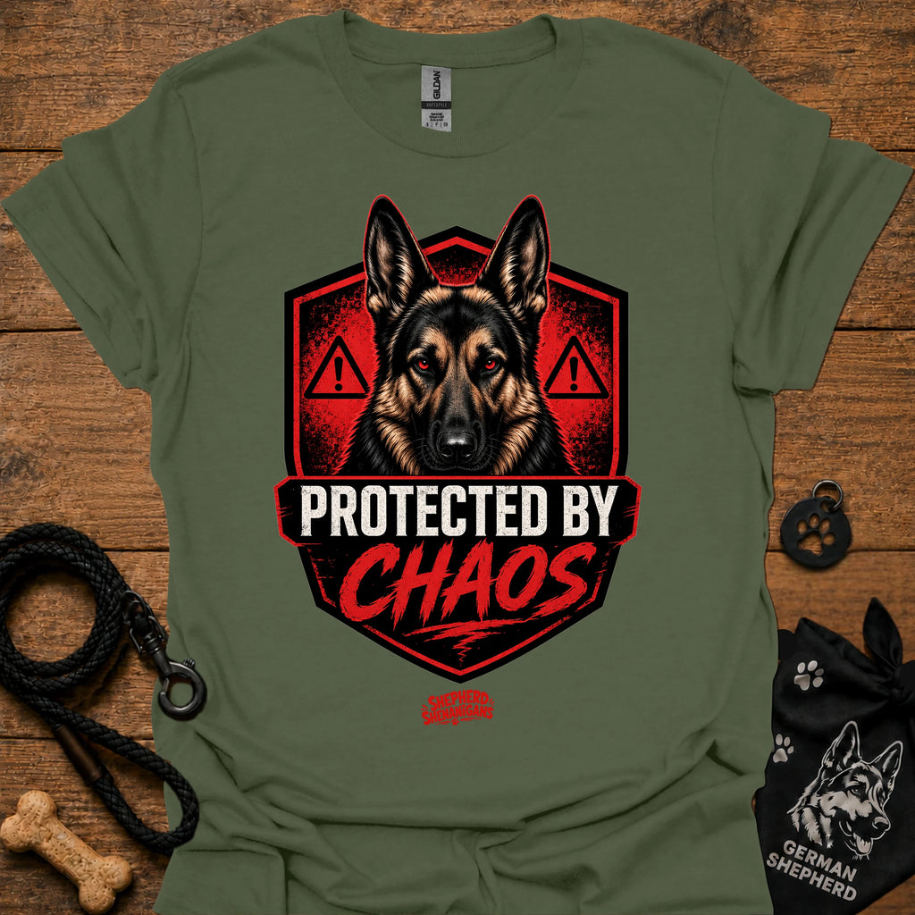 Military green graphic crewneck T-shirt with German shepherd shield and red warning icons
