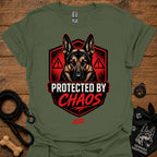 Military green graphic crewneck T-shirt with German shepherd shield and red warning icons