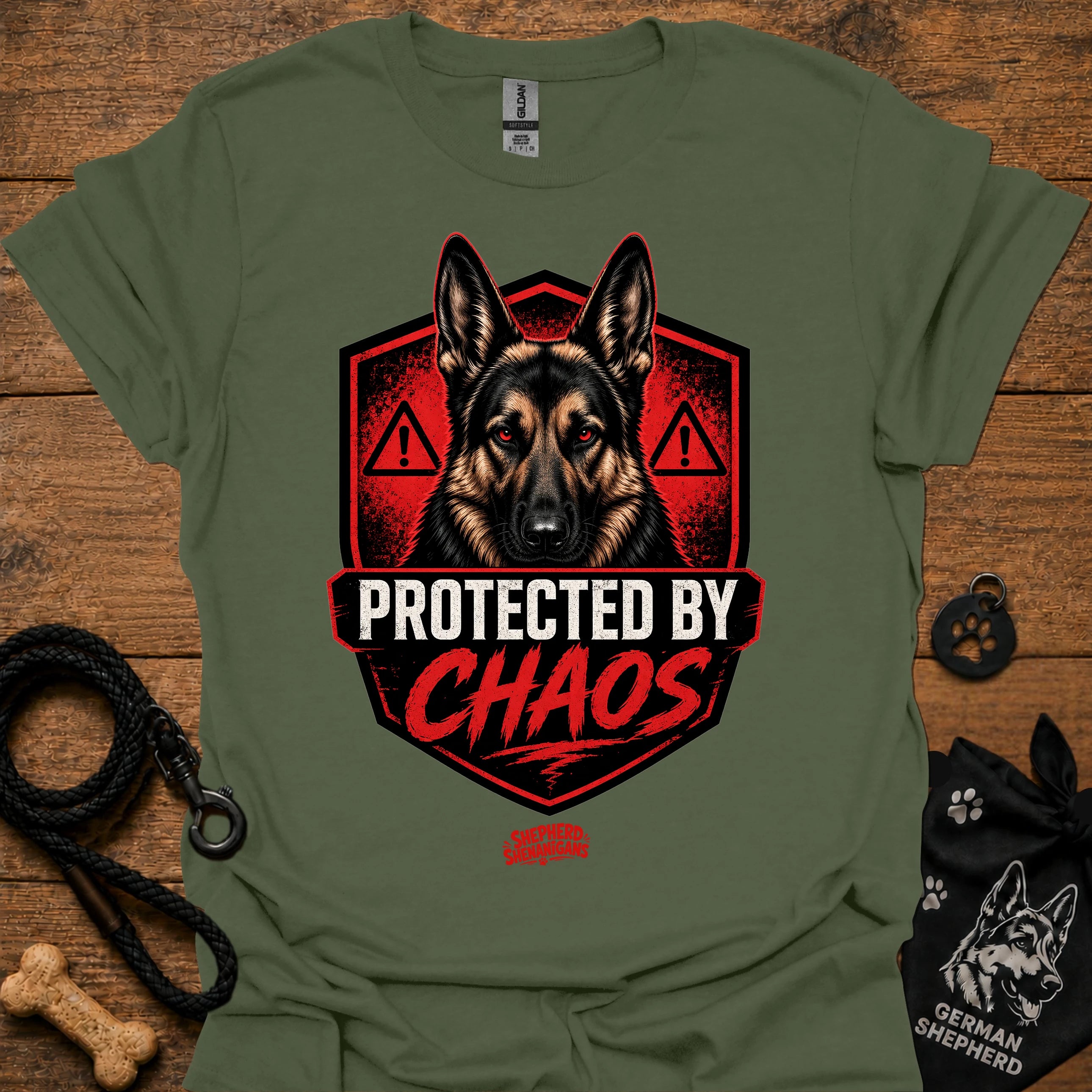 Military green graphic crewneck T-shirt with German shepherd shield and red warning icons