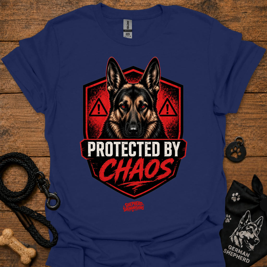Navy graphic crewneck T-shirt with German shepherd shield and red warning icons