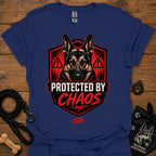 Navy graphic crewneck T-shirt with German shepherd shield and red warning icons