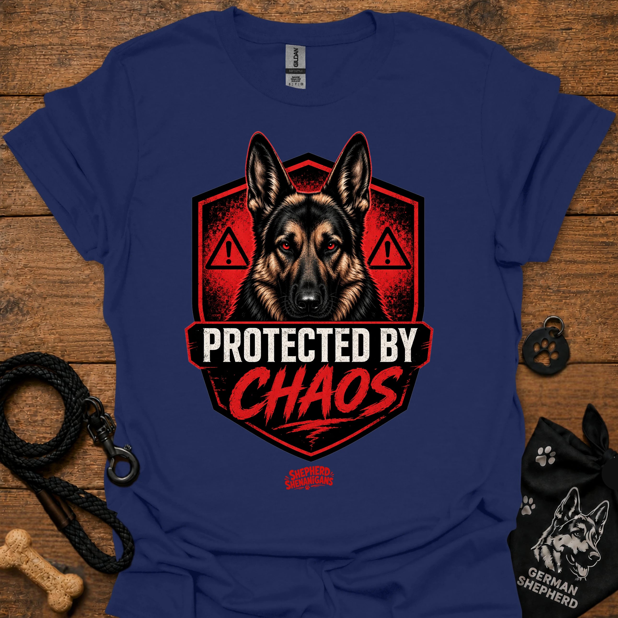 Navy graphic crewneck T-shirt with German shepherd shield and red warning icons