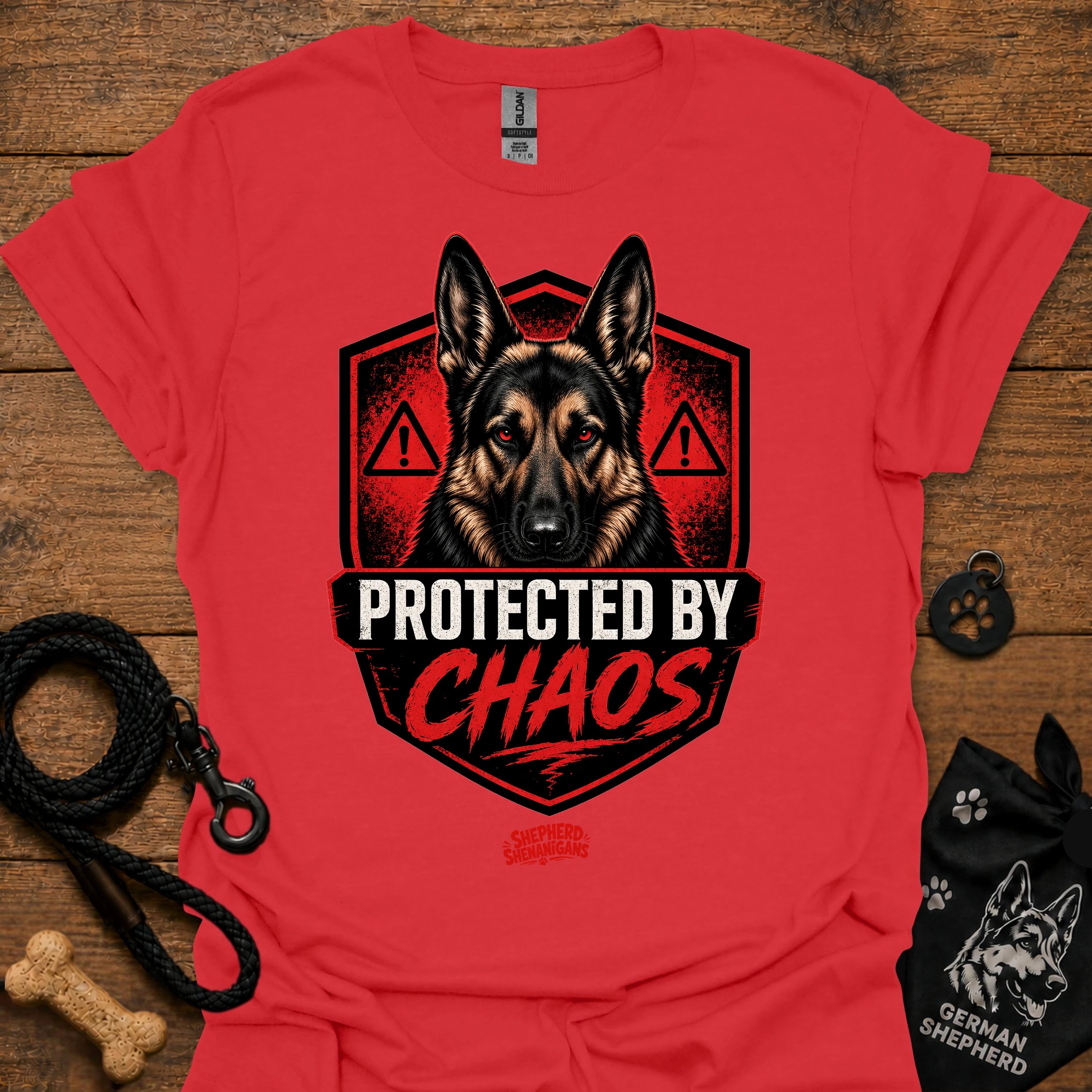 Red graphic crewneck T-shirt with German shepherd shield and red warning icons
