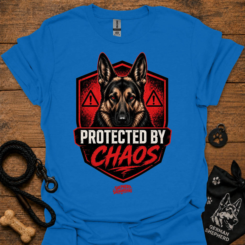 Royal blue graphic crewneck T-shirt with German shepherd shield and red warning icons