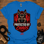 Royal blue graphic crewneck T-shirt with German shepherd shield and red warning icons