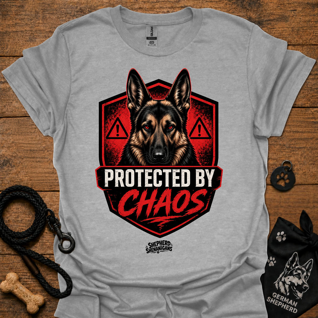 Light gray graphic crewneck T-shirt with German shepherd shield and red warning icons