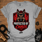 Light gray graphic crewneck T-shirt with German shepherd shield and red warning icons
