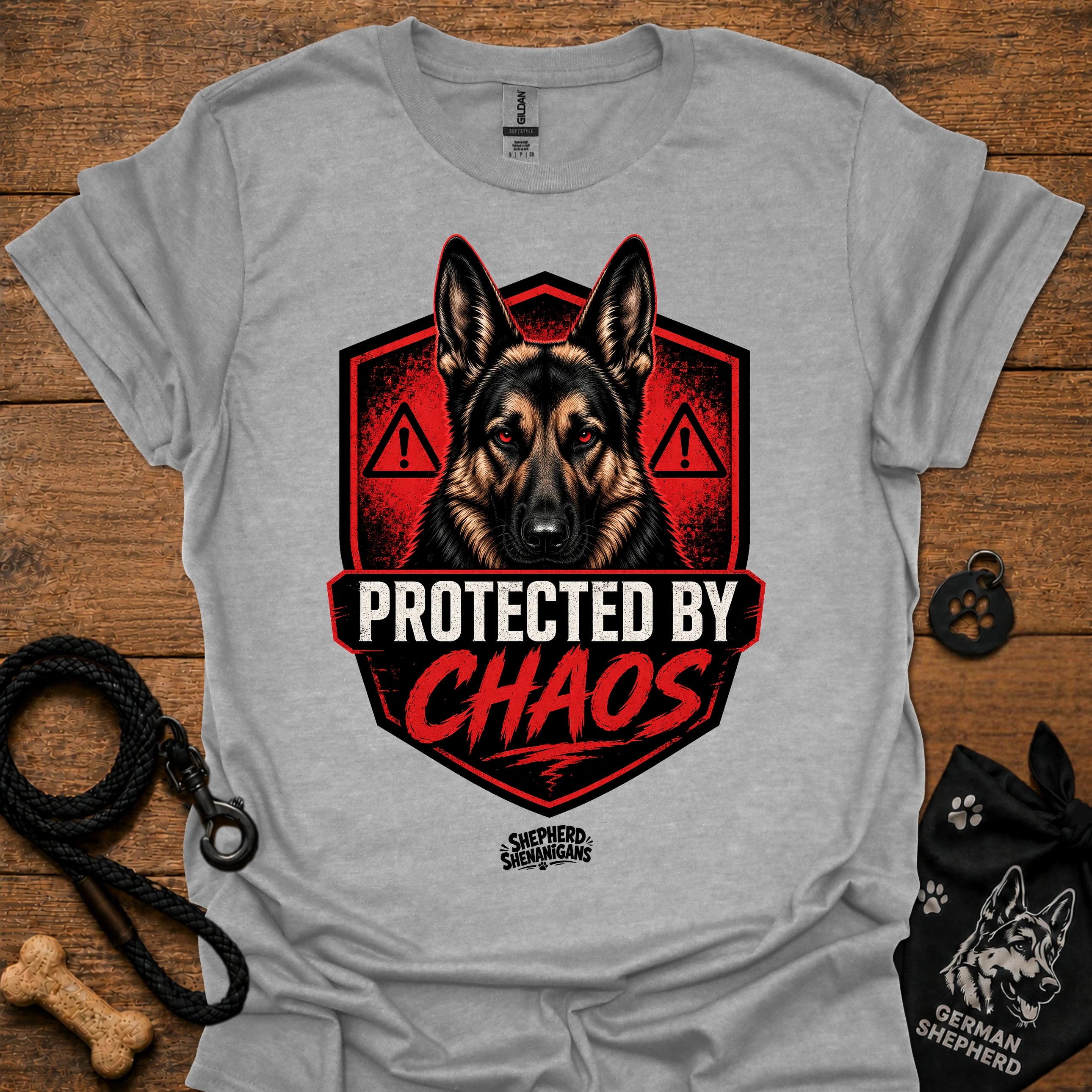 Light gray graphic crewneck T-shirt with German shepherd shield and red warning icons