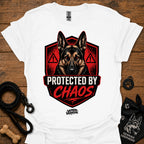 White graphic crewneck T-shirt with German shepherd shield and red warning icons