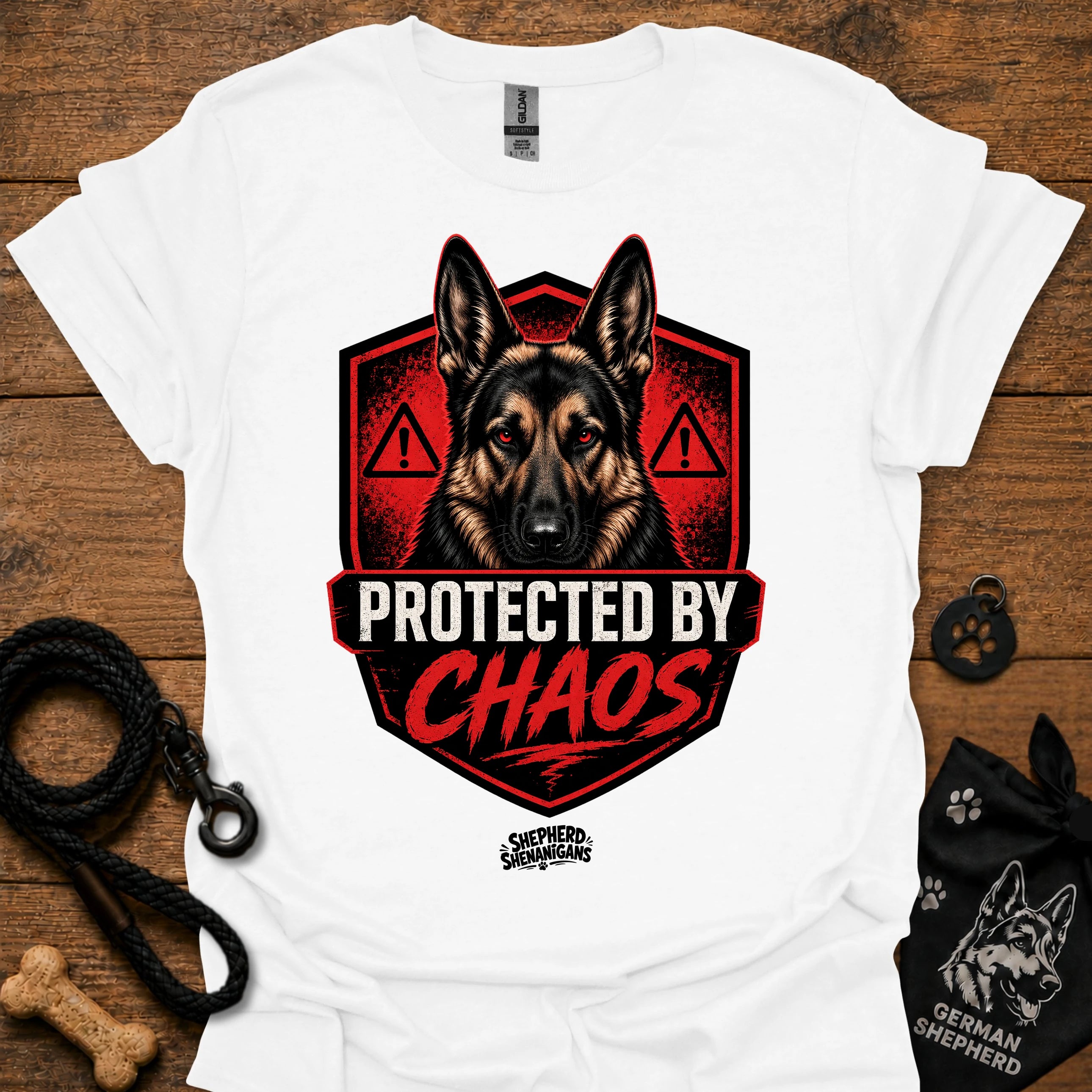 White graphic crewneck T-shirt with German shepherd shield and red warning icons