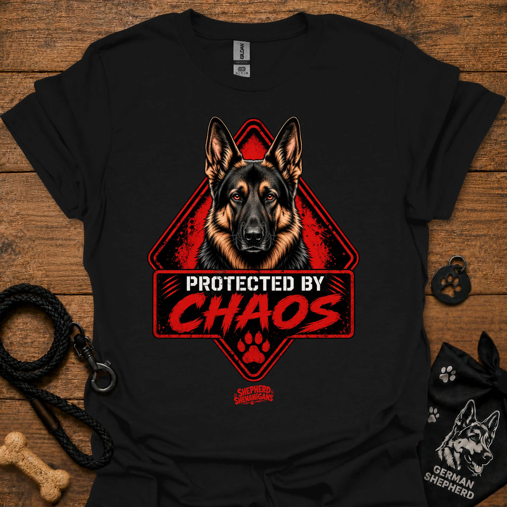 Black T-shirt with German shepherd face and "Protected by Chaos" graphic