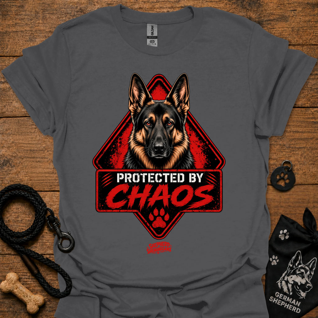 Charcoal T-shirt with German shepherd face and "Protected by Chaos" graphic