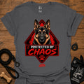 Charcoal T-shirt with German shepherd face and "Protected by Chaos" graphic